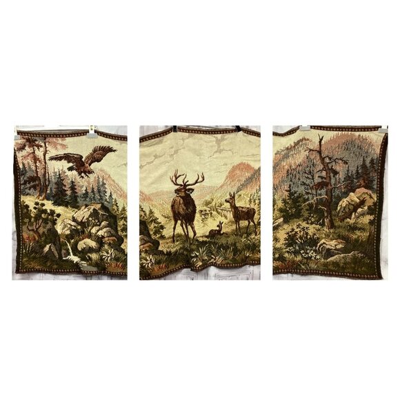 Vintage French Deer Eagle Mountains Tapestry - Picture 1 of 11